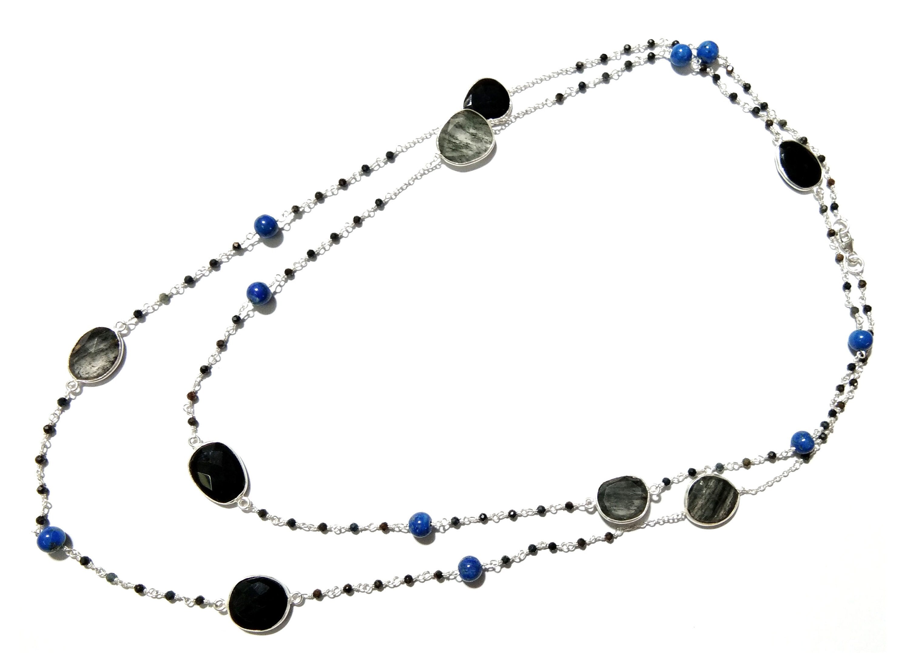 44'' Log Necklace ! Black Rutile Necklace With Lapis Lazuli & Black Onyx, 925 Sterling Silver Jewelry, Handmade Beaded Necklace.
